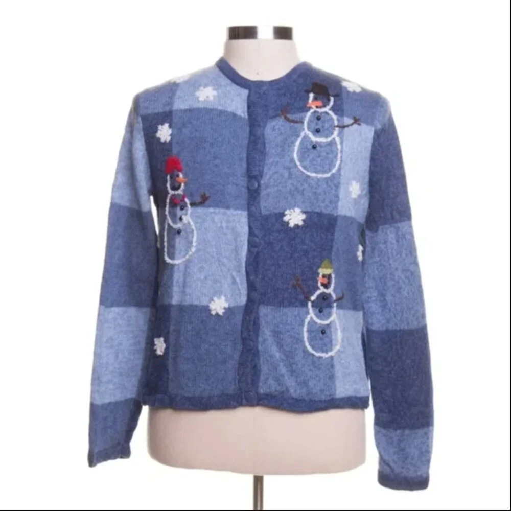 Breckenridge Snowman Cardigan Womens Size Large Vintage Blue Applique Sweater - Picture 1 of 11